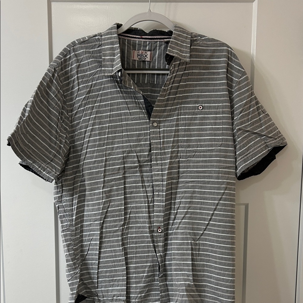 Men's Gray and White Striped Button Down Shirt